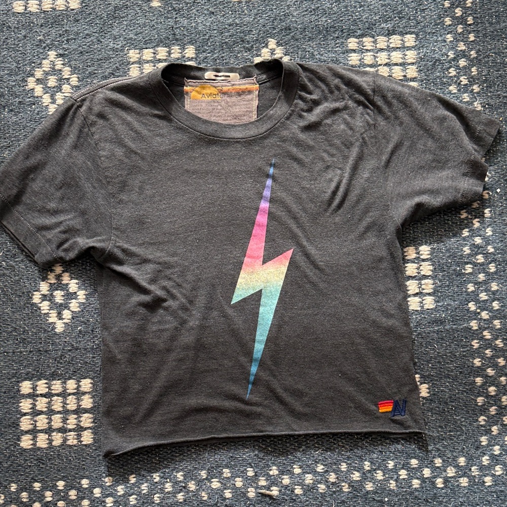 Aviator Nation Charcoal Boyfriend Tee with Rainbow Lightning Bolt